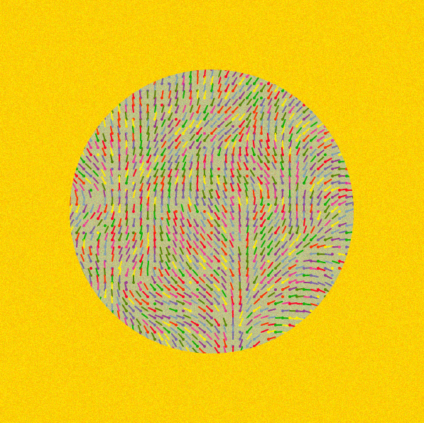 Linhas coloridas rotacionadas em um fluxo direcional dentro de um círculo em um canvas granulado